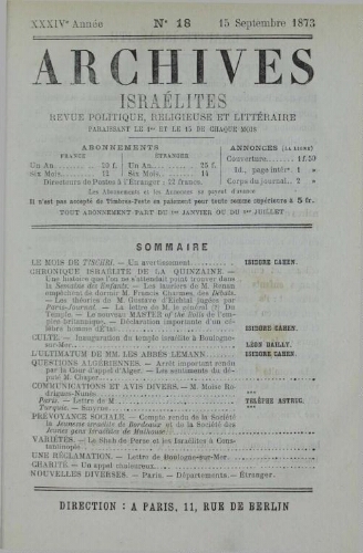 Archives israélites de France. Vol.34 N°18 (15 sept. 1873)